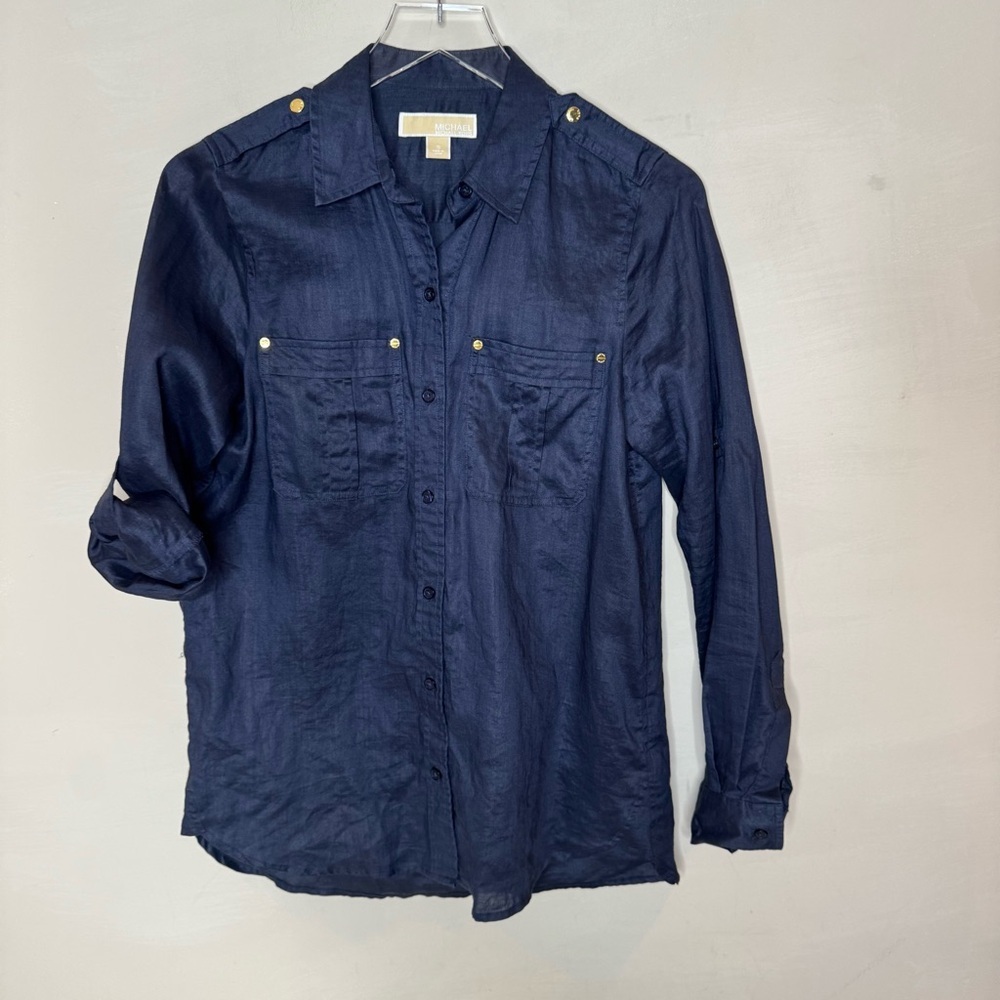 Michael Kors Navy Blue Ramie Button Down Shirt Gold Button Shoulder Size S - Picture 3 of 10